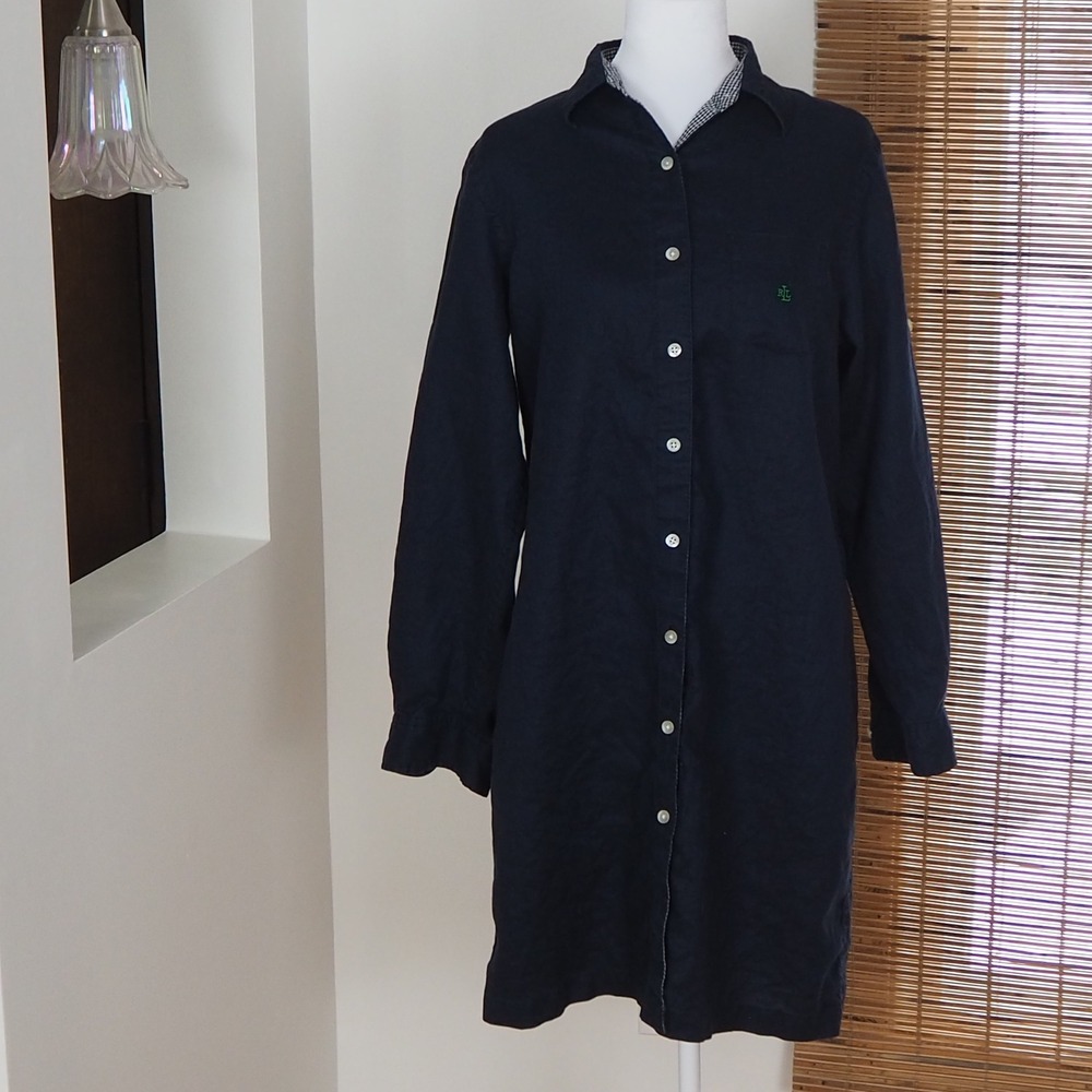 Lauren Ralph Lauren 100% Linen Shirt Dress Sz Medium Petite Navy Preppy Luxury - Picture 2 of 11